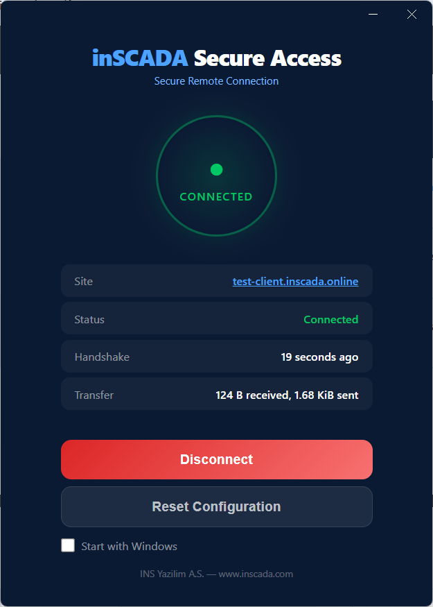 inSCADA Secure Access - Bağlantı Ekranı